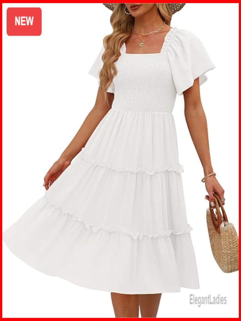 Flutter Sleeve Square Neck Smocked Midi Dress Summer